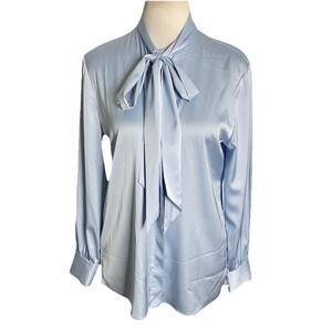 ESCALIER Blue Satin  Bow Blouse Long Sleeve Shirt Top Size Small NWT